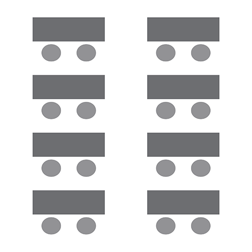 Diagram representing eight rectangular tables each with two chairs