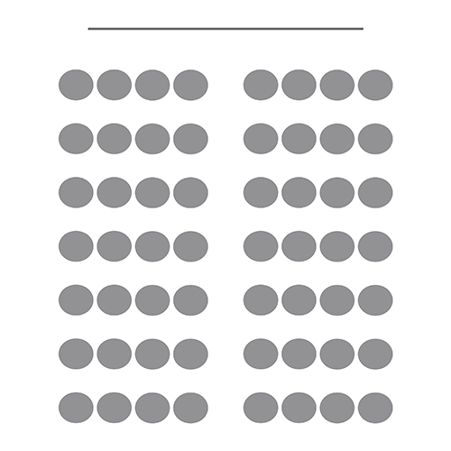 Diagram of chairs in rows with an aisle in between and a screen at the front