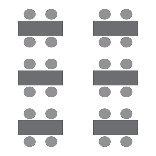 Diagram of six rectangular tables each with four chairs