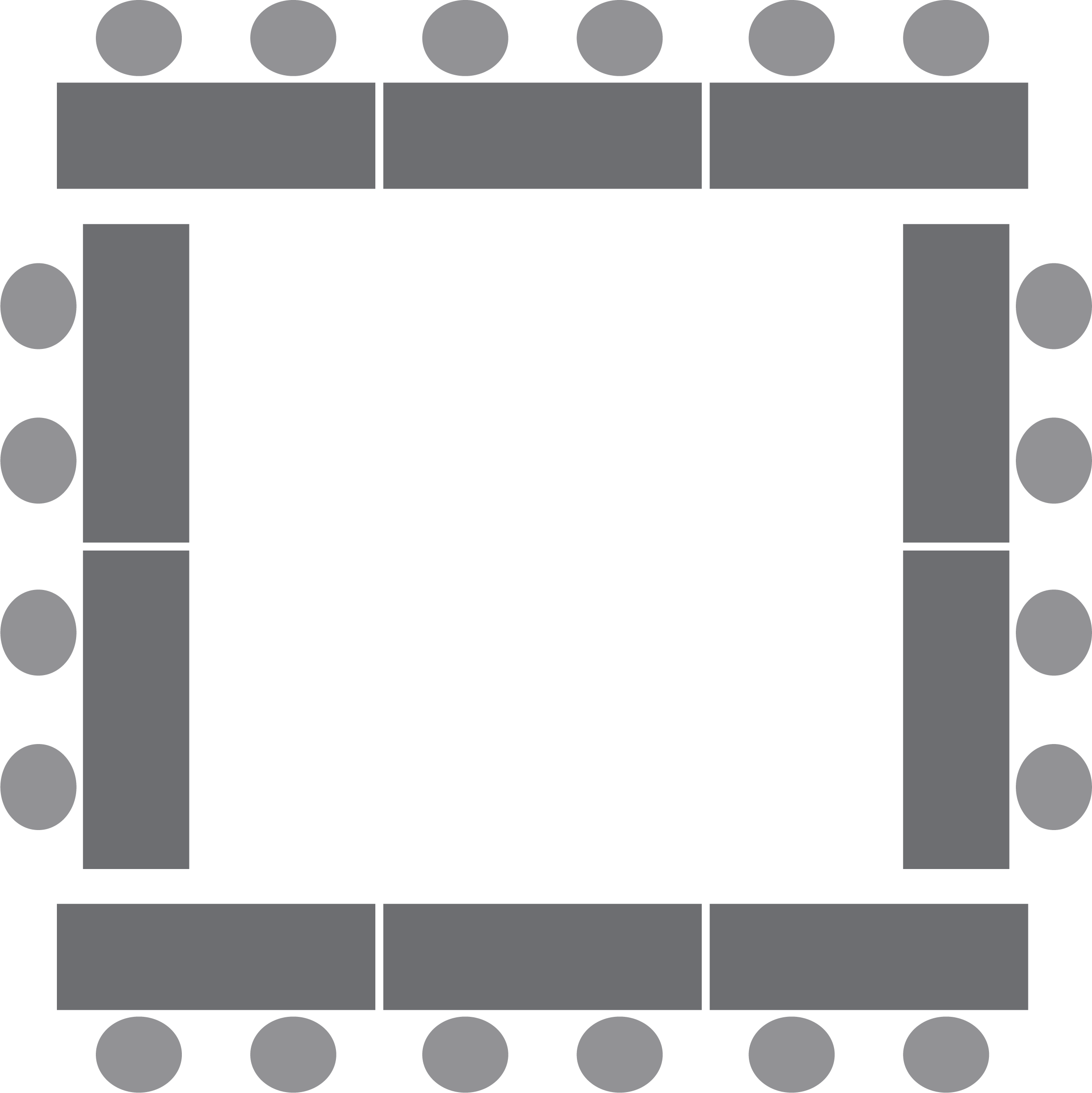 Diagram representing rectangular tables each with two chairs situated around the exterior