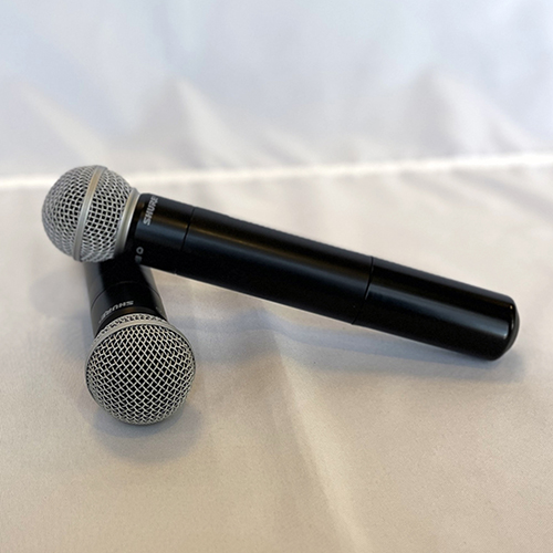 Two black mics with silver mesh ball tops