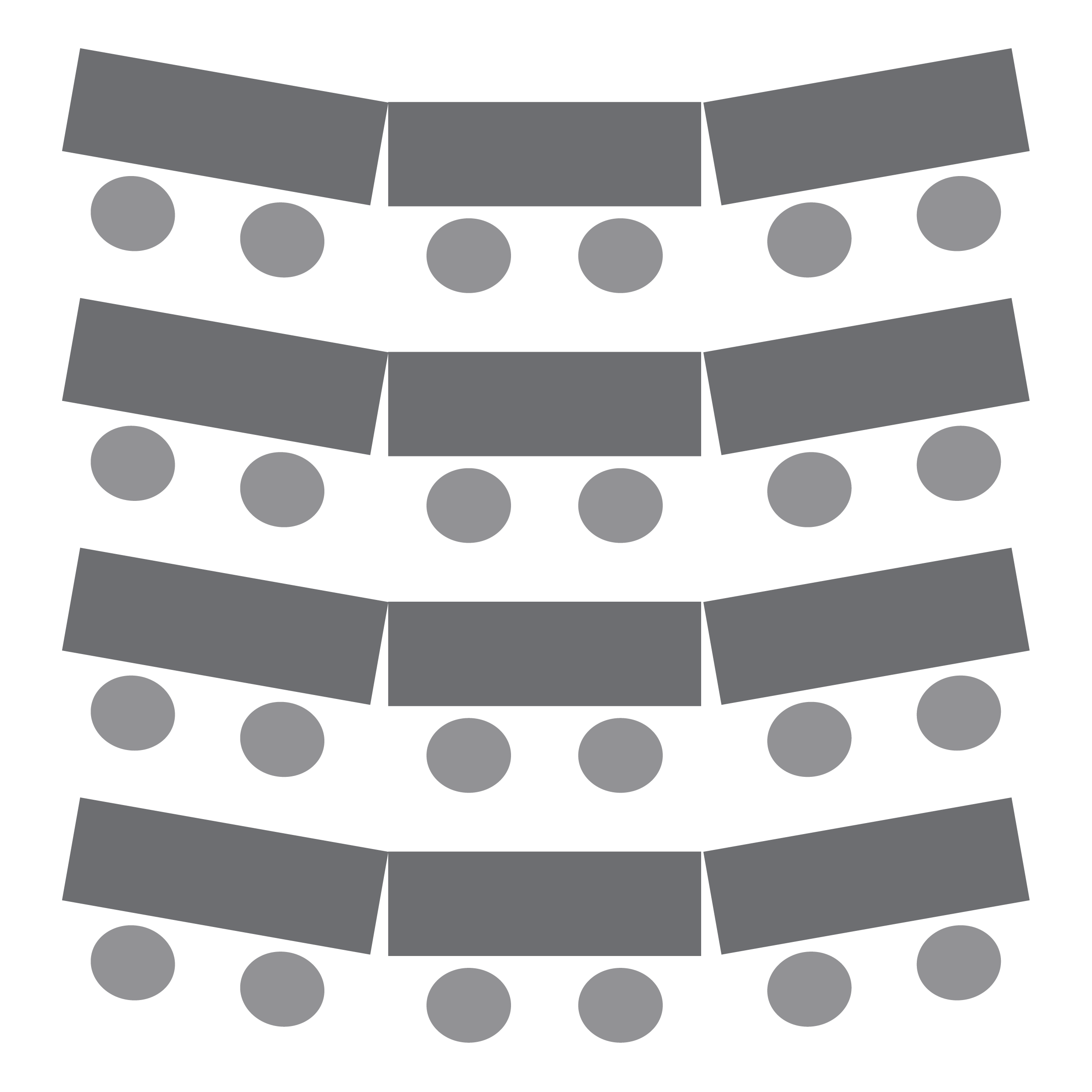 Four rows of tables, each with three tables and six chairs