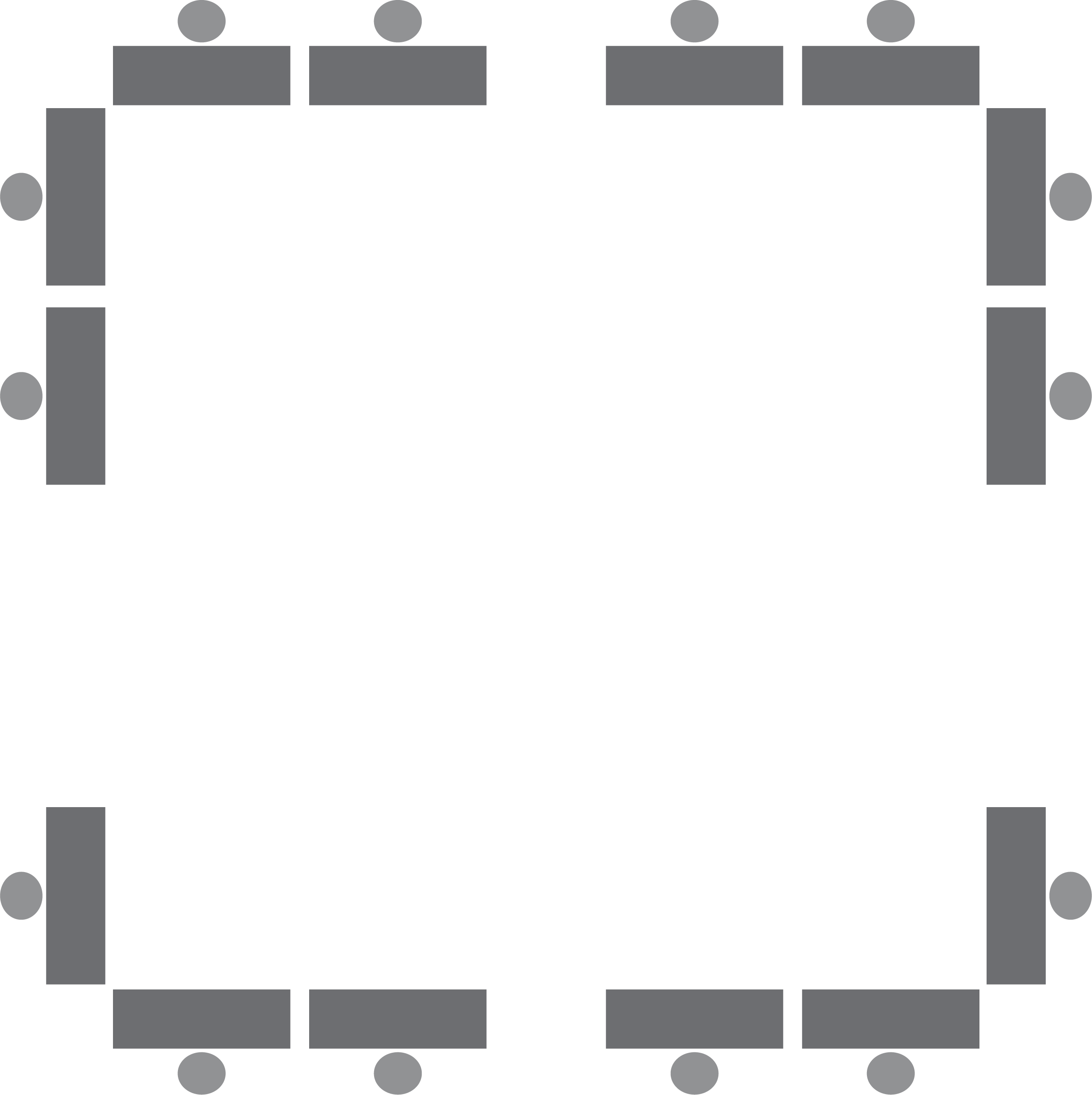 Diagram representing rectangular tables each with one chair situated around the exterior