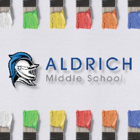 School logo with colorful paintbrush border