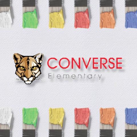 School logo with colorful paintbrush border