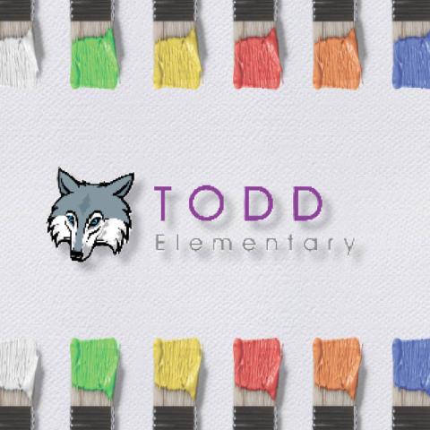 School logo with colorful paintbrush border