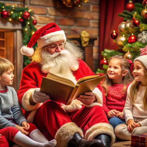 Santa sitting in front of a fireplace and lit Christmas tree reading a book while children sit nearby