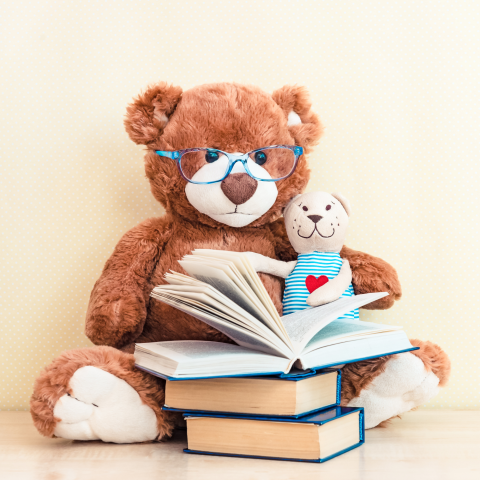 Stuffed animals reading a book