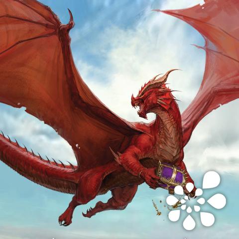 Flying red dragon with a blue sky behind