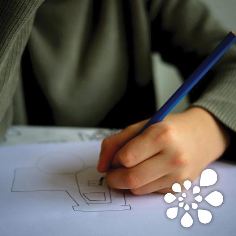 Close up photo of a child's hand holding a pencil and drawing a car on a white sheet of paper.