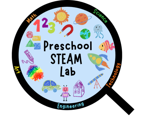 Drawing of Magnifying Glass with the words Preschool Steam Lab