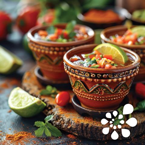 Clay cups filled with salsa.