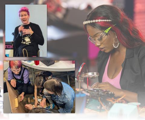 Overlay of photos with an adult with pink hair speaking and teens building