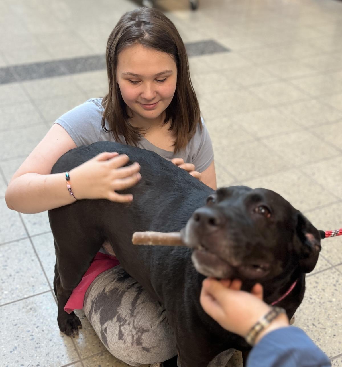 Girl petting black dog