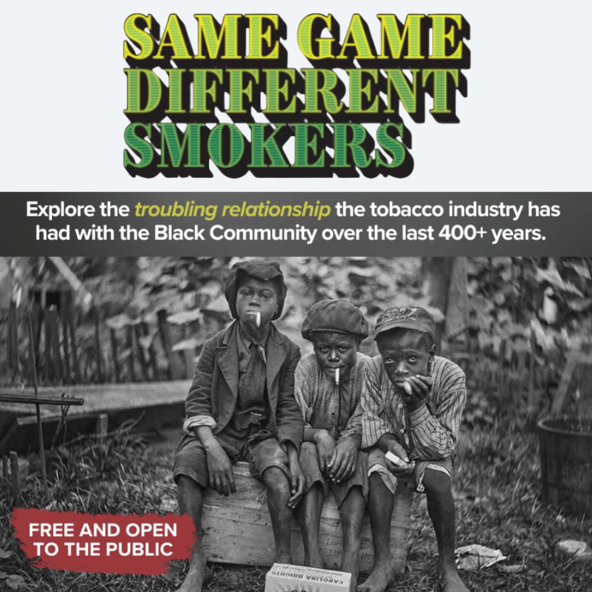 Titling with black and white photo of three young African American boys smoking