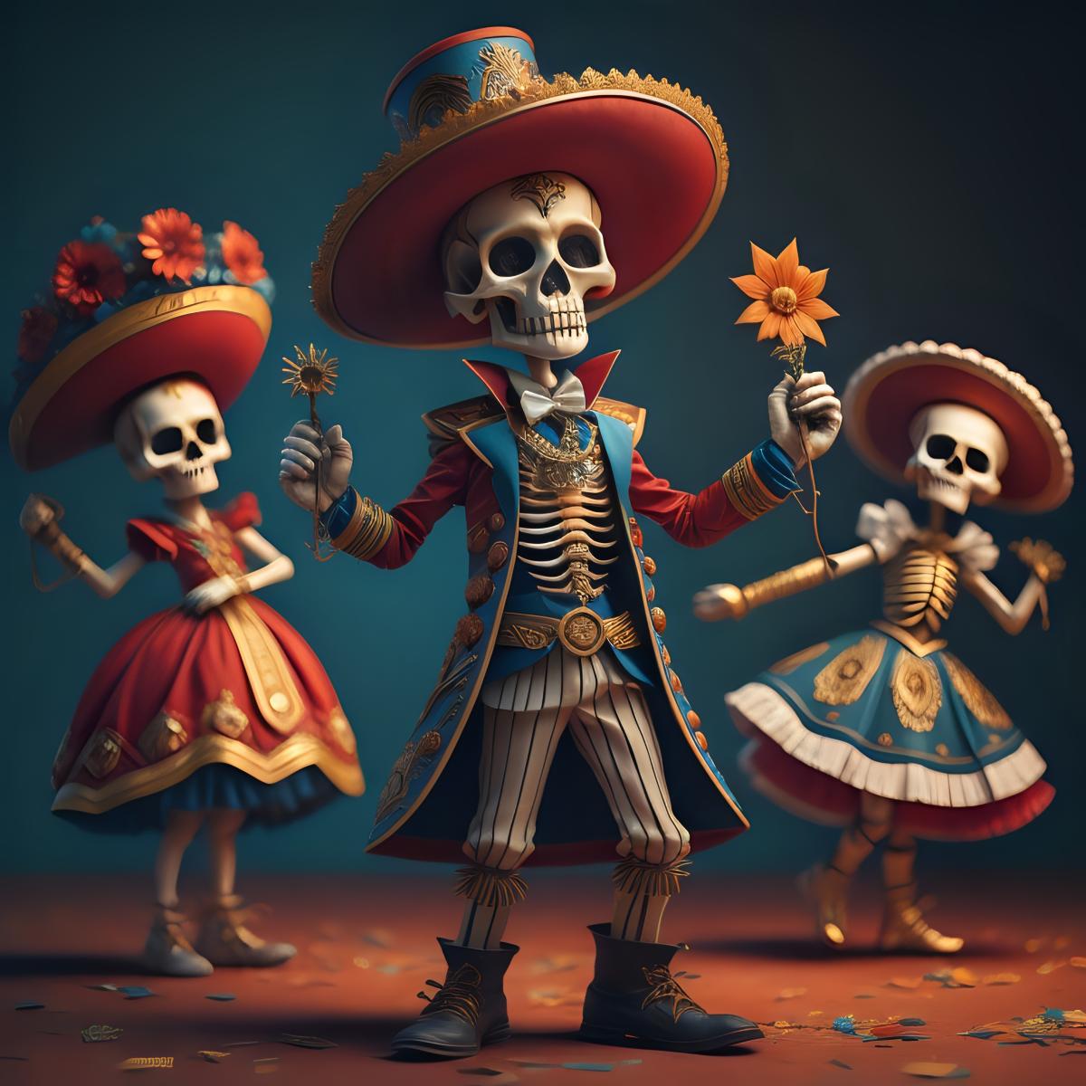 AI-generated art of three Day of the Dead figures