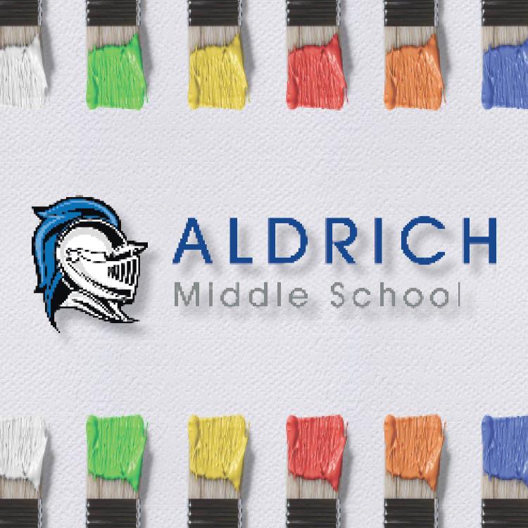 School logo with colorful paintbrush border