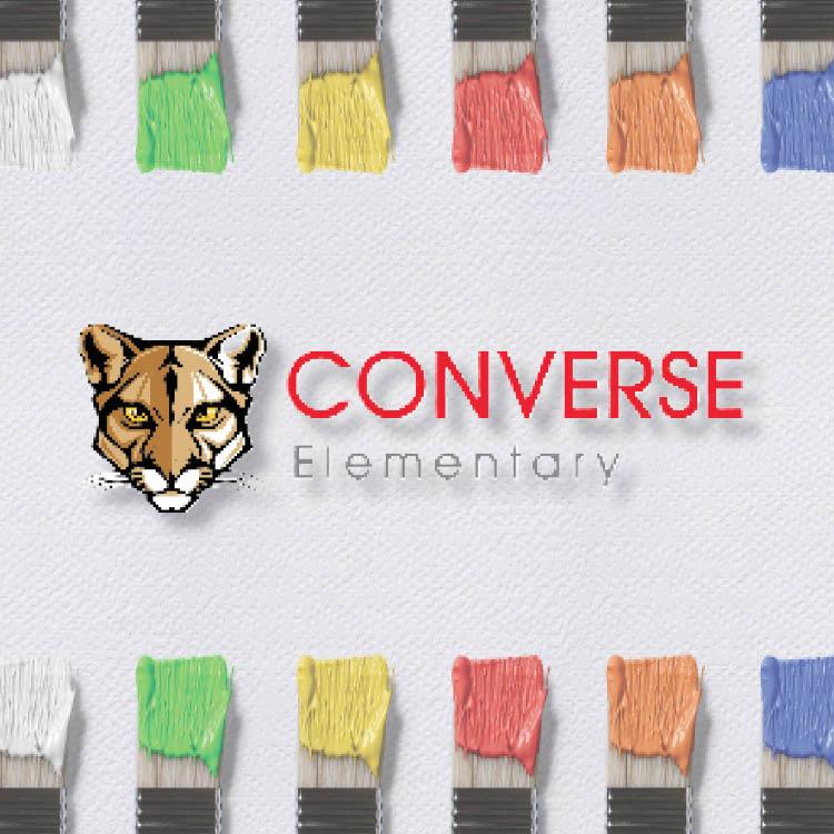 School logo with colorful paintbrush border