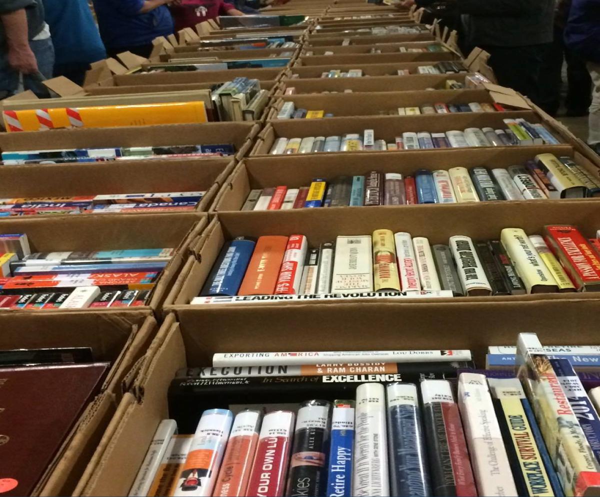 Boxes of books on a table