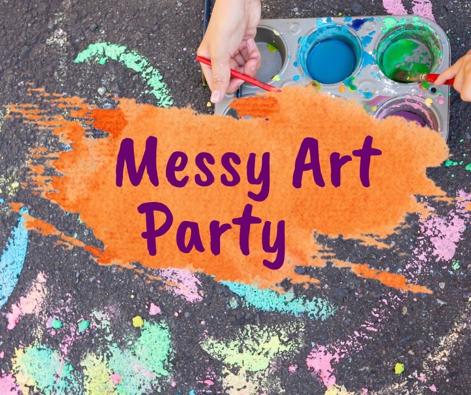 Chalk on sidewalk saying Messy Art Party