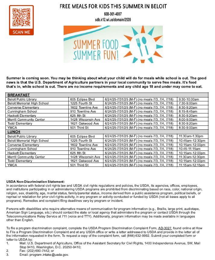 Flyer listing the locations for free meals.