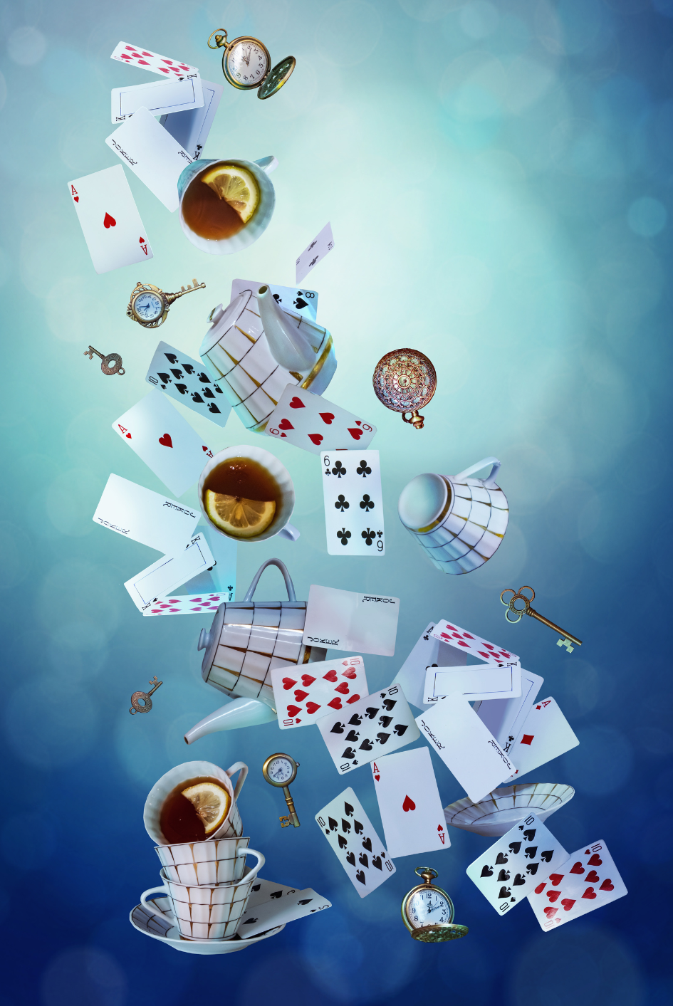 Tea cups, cards, and other Wonderland items in a swirl on a blue background