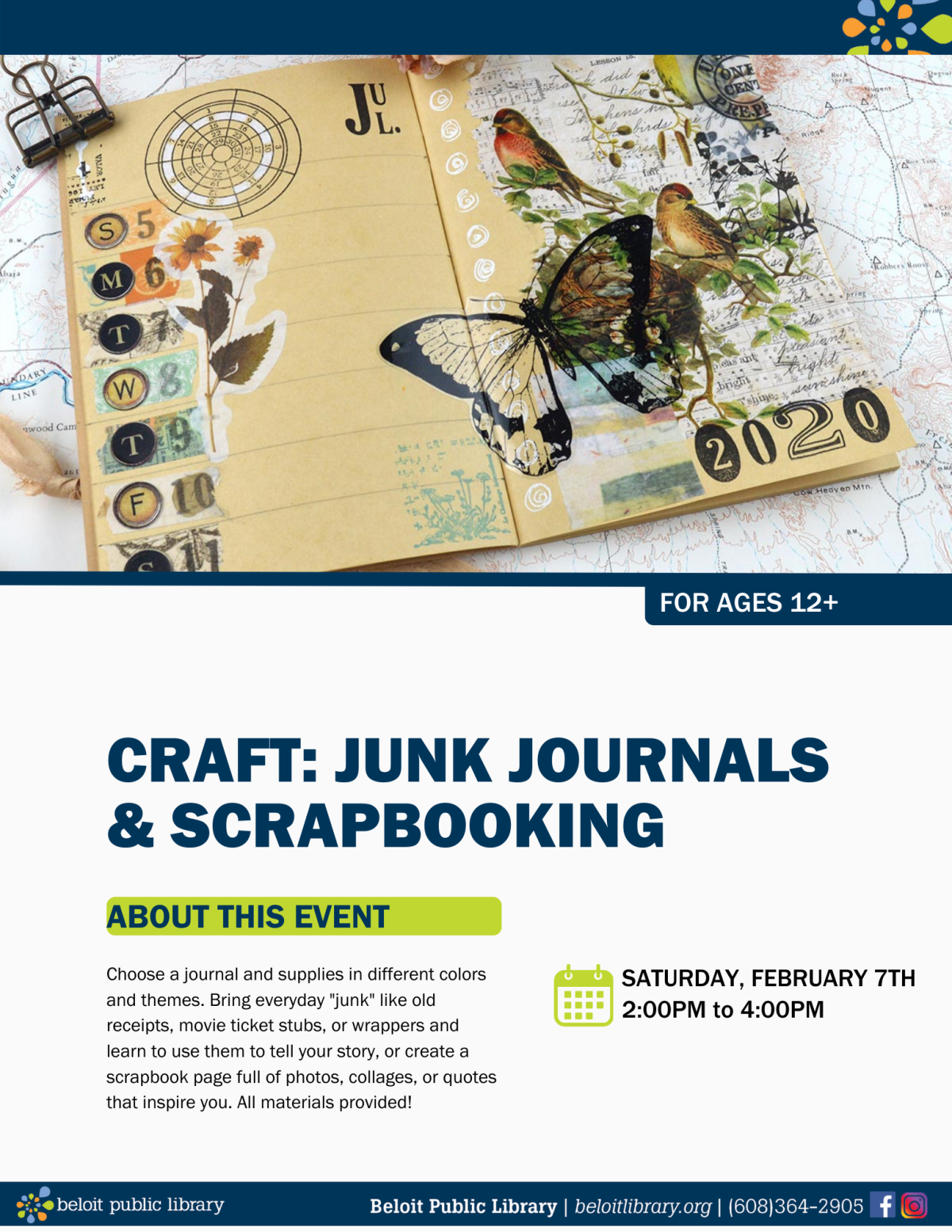 Event flyer: CRAFT: JUNK JOURNALS & SCRAPBOOKING. SATURDAY, FEBRUARY 7TH, 2PM TO 4PM.