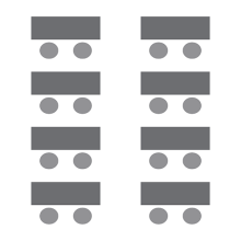 Diagram representing eight rectangular tables each with two chairs