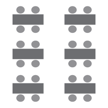 Diagram of six rectangular tables each with four chairs