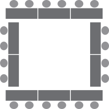 Diagram representing rectangular tables each with two chairs situated around the exterior